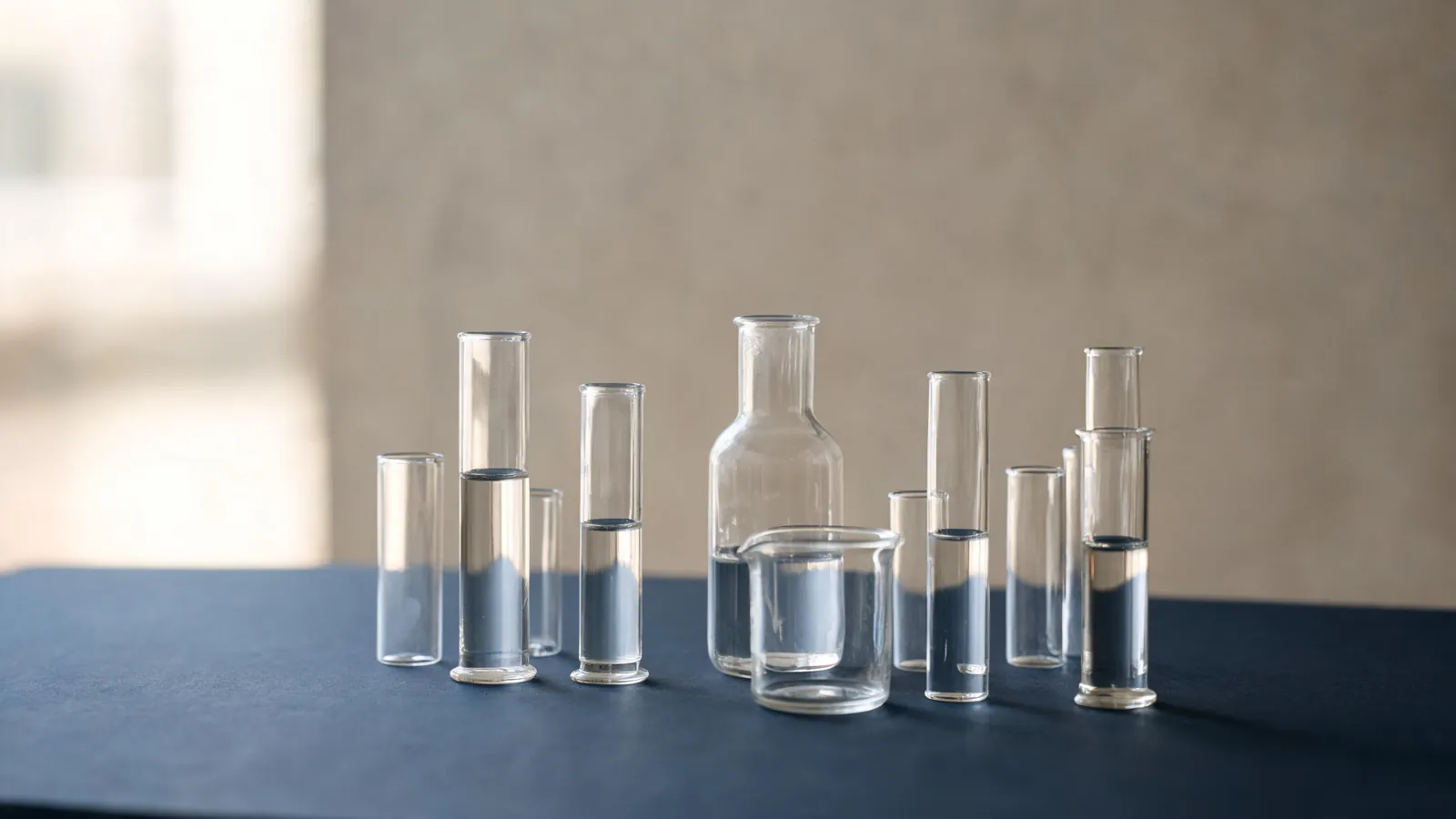 Laboratory vials and glassware on a dark blue surface