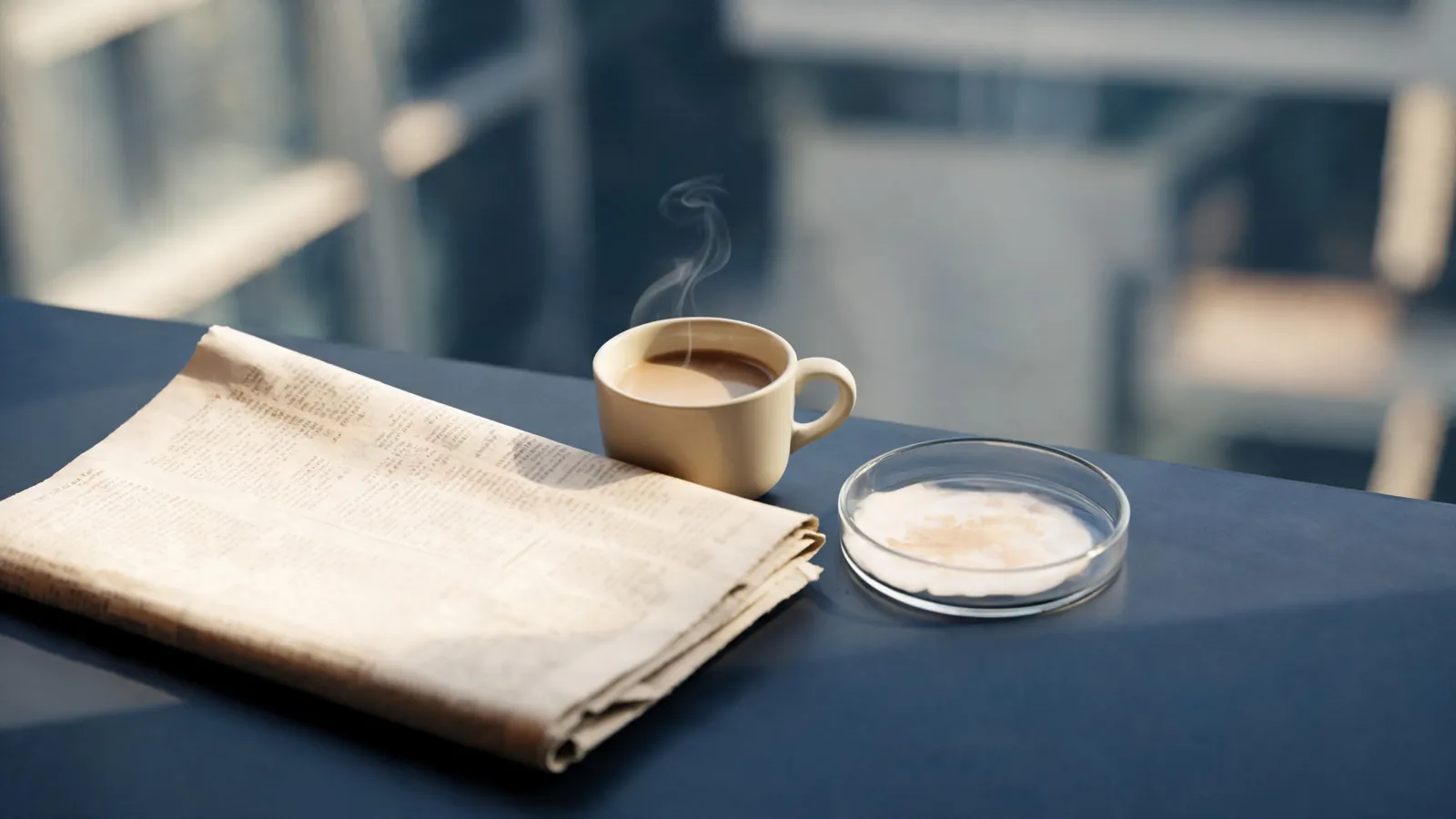 A folded newspaper, coffee and a petri dish on a table