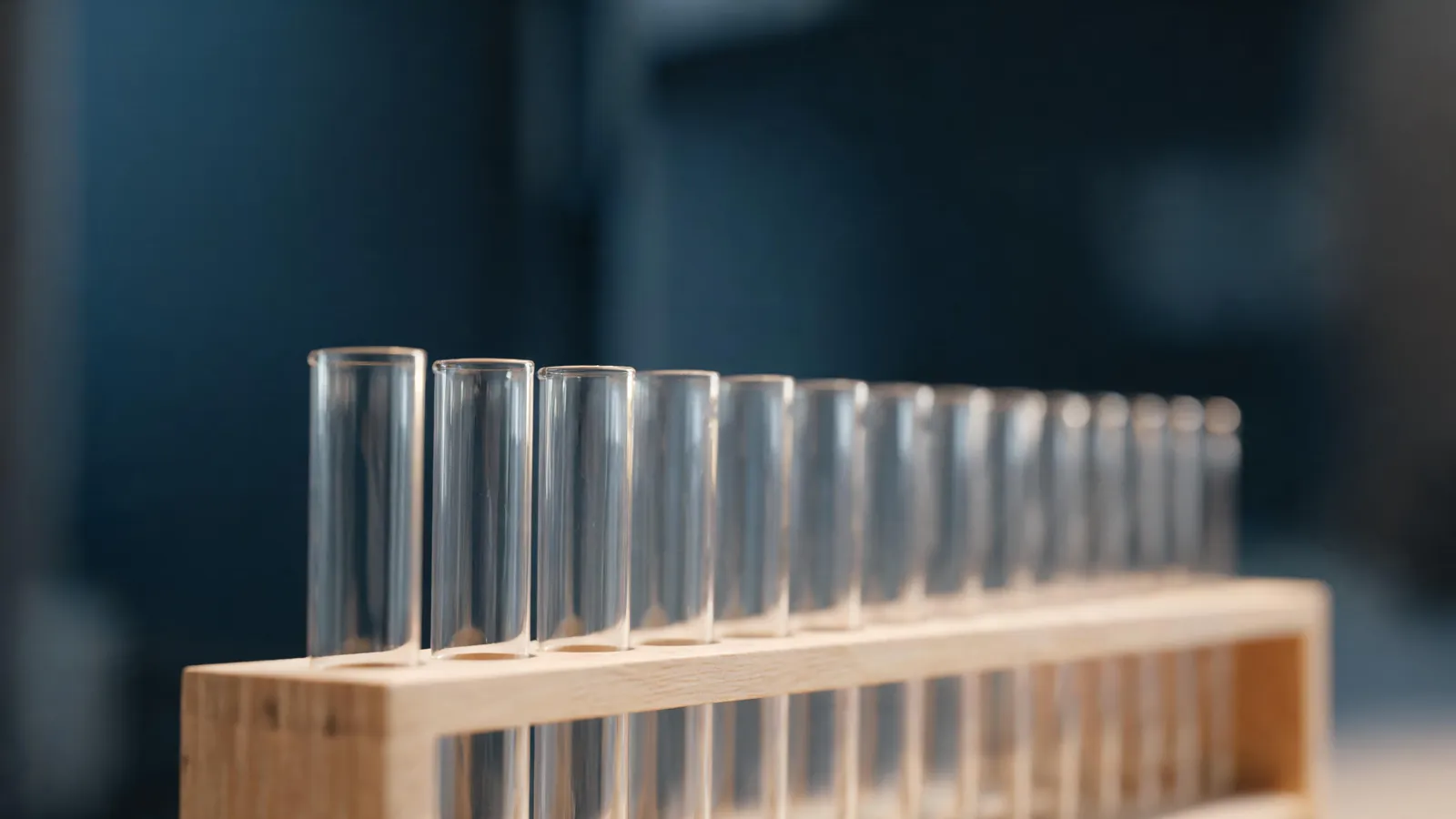 A row of glass test tubes in a wooden rack