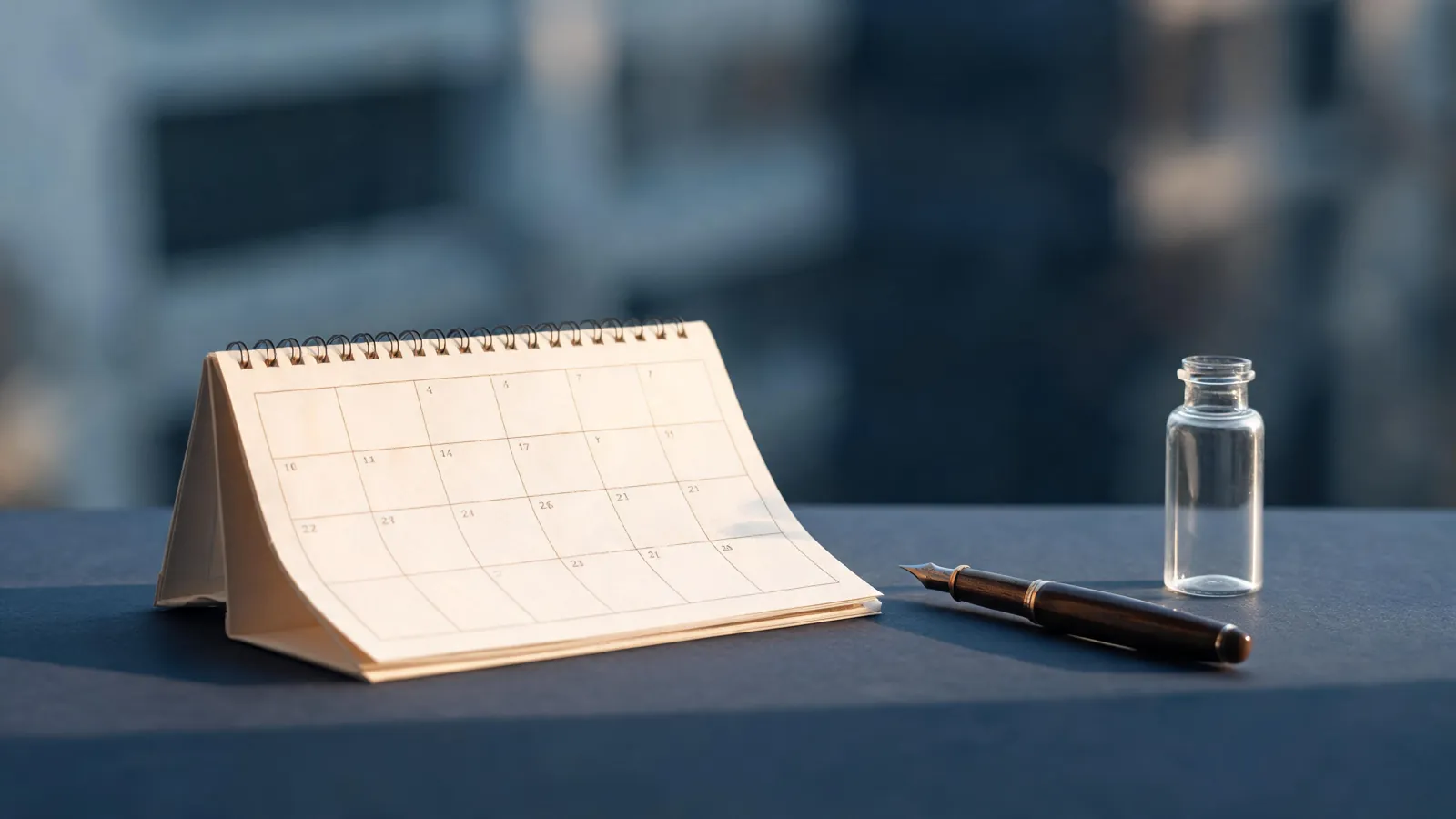 A blank desk calendar, a pen and a glass vial