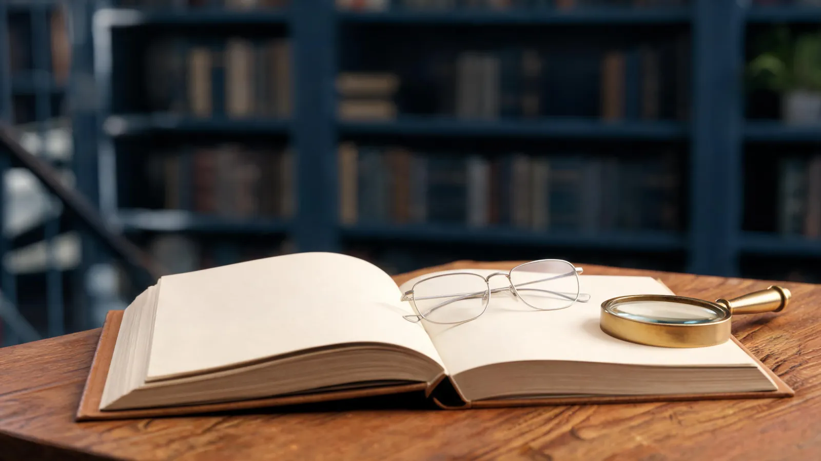 An open textbook, reading glasses and a magnifying glass on a desk